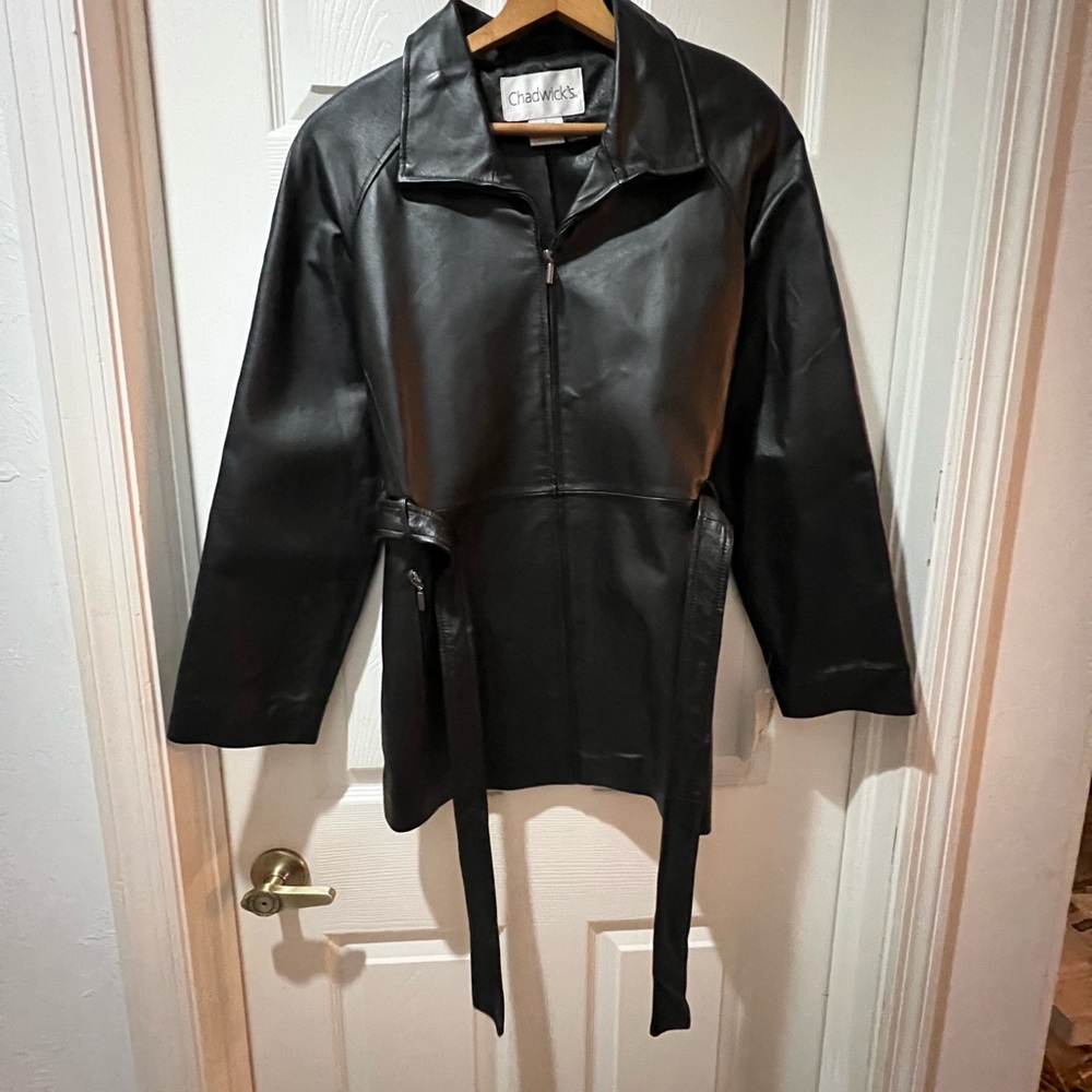 Chadwicks Black Leather Jacket with Wide Collar and Matching Belt